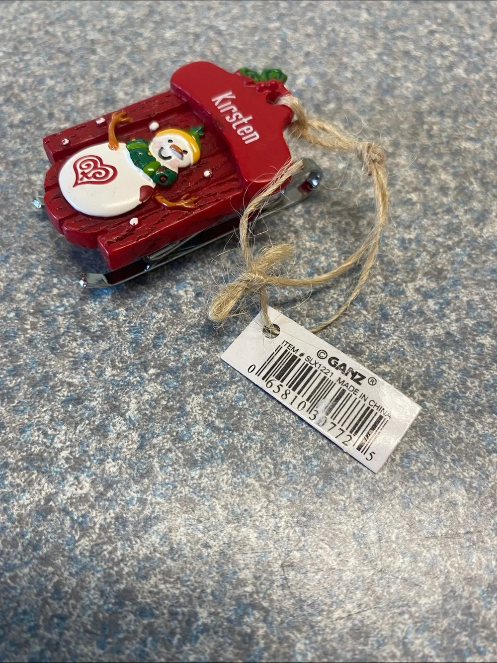 GANZ NEW Red Sled with Snowman Ornament with name (Kirsten)